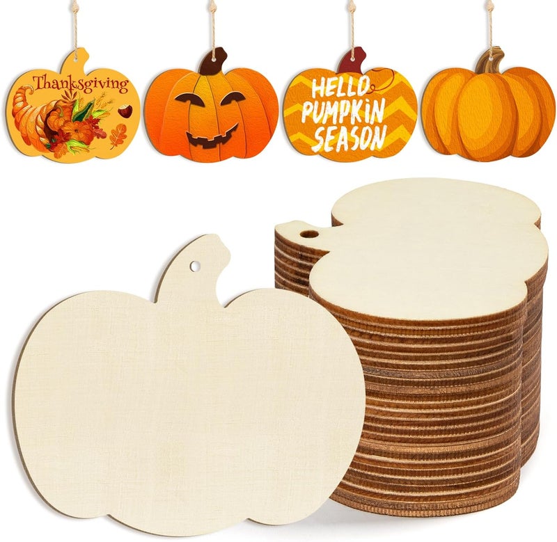 Sophena Wooden Pumpkins Ornaments to Paint Halloween Thanksgiving Decoration Cutouts Unfinished 24PCS 3.5 x 3 inches, DIY Blank Unfinished Pumpkin Wood Discs Ornament for Home Harvest Crafts Hanging Autumn De - Image 1